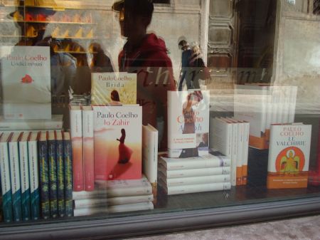 Wonderful display of Paulo Coelho books in window of Libreria Palazzo Roberti